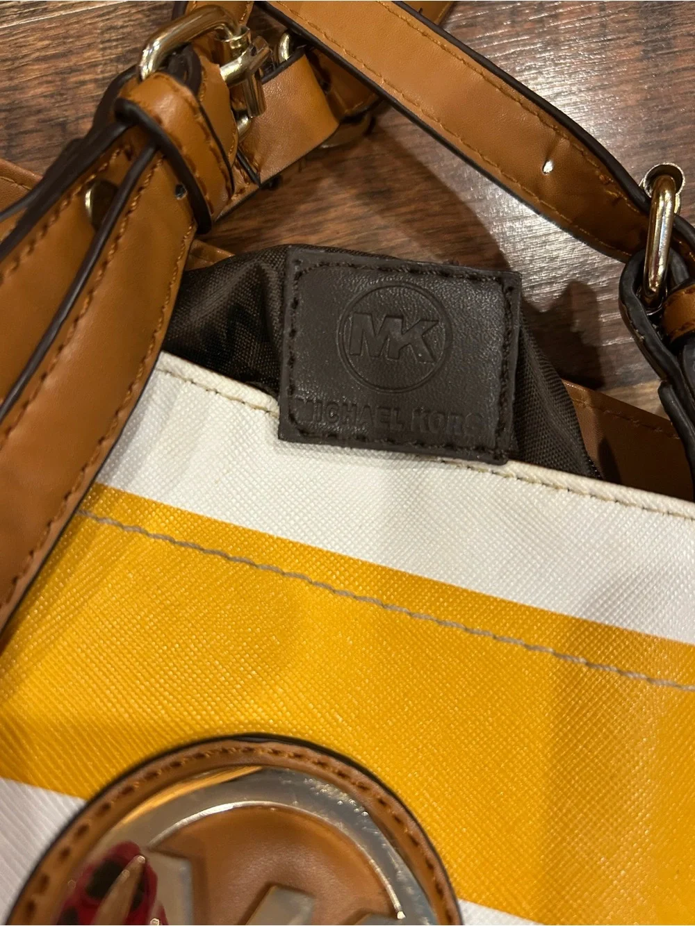 Michael Kors Yellow and White Striped Tote with Tan Leather Trim